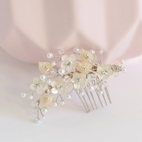 Wedding Bridal Hair Clip Comb Crystal Rhinestone Beaded Silver with Ivory - Picture 3 of 4